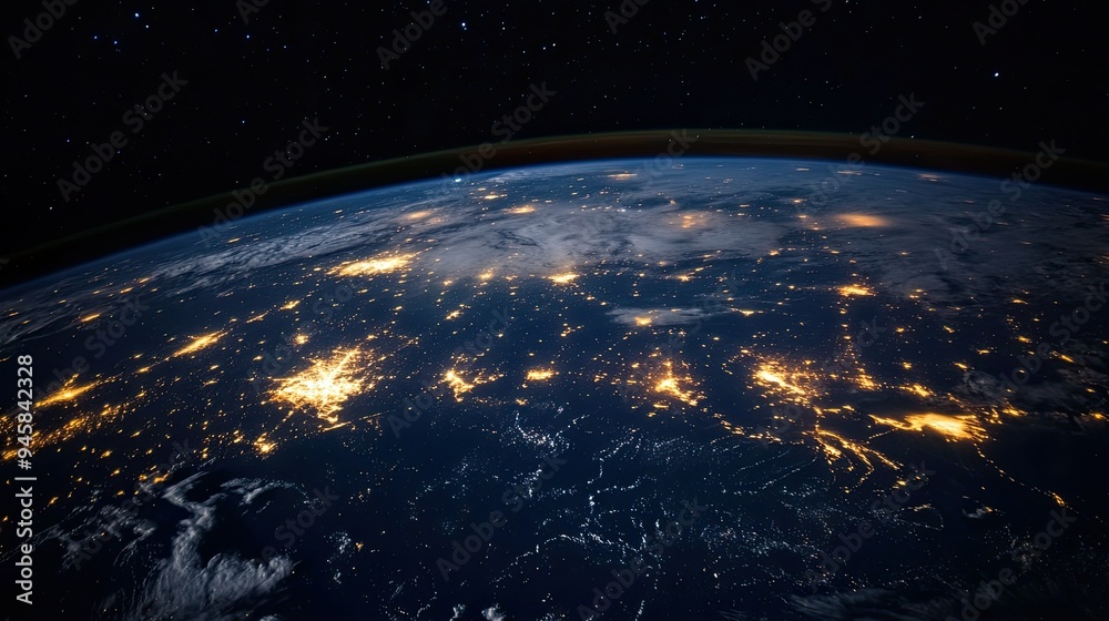 Obraz premium Earth seen from space against a backdrop of twinkling stars, deep and expansive.