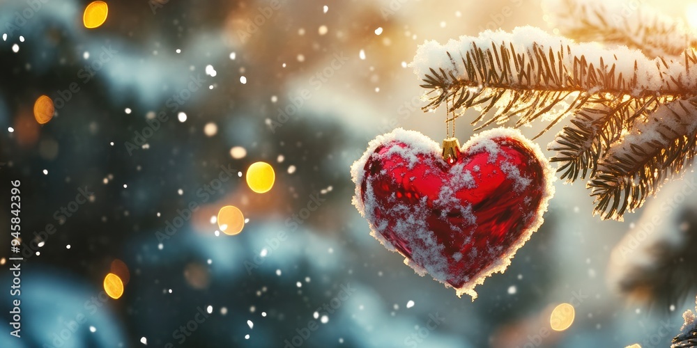 A red heart ornament hangs from a tree branch covered in snow