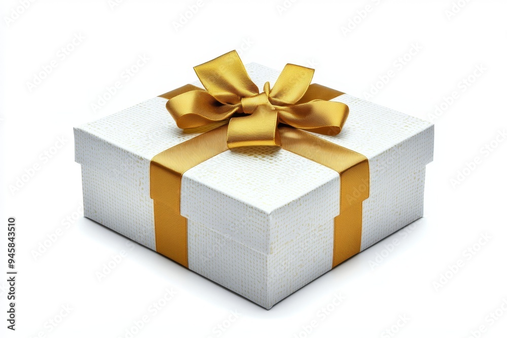 Elegant white gift box with a gold ribbon isolated on a clean white background Elegant white gift box with a gold ribbon isolated on a clean white background