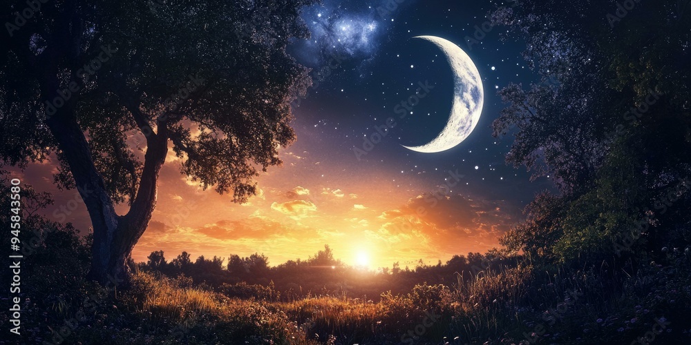 Naklejka premium Forest at dusk with crescent moon and stars.