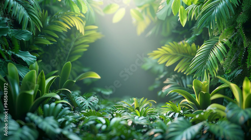 a mix of tropical greens around the edge of the image, graphic for marketing, large white center , cinematic, AI Generative photo