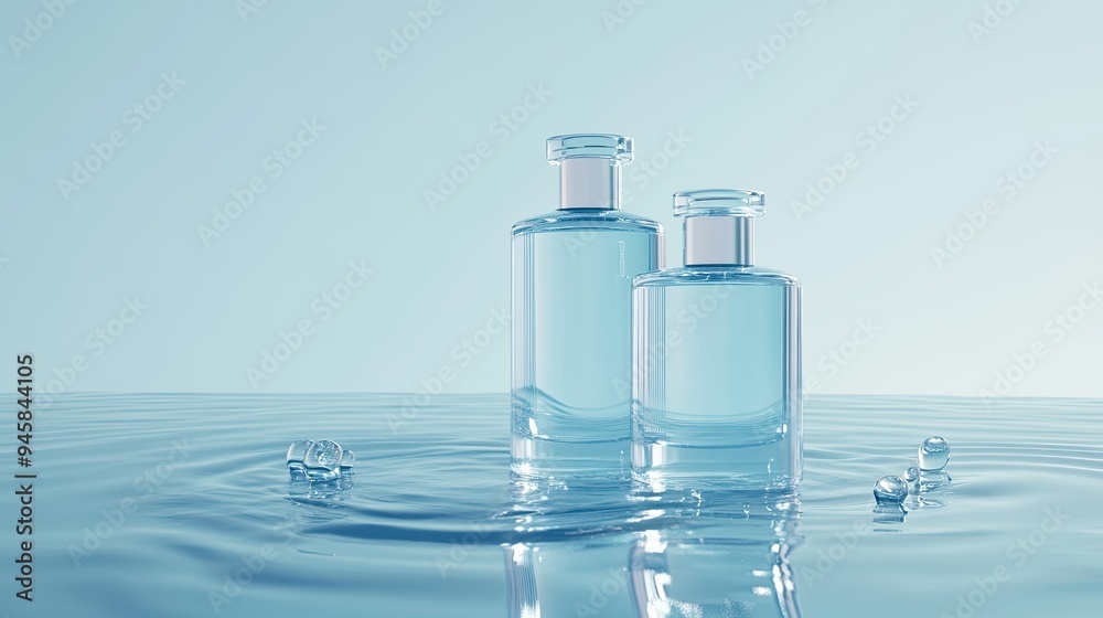 Elegant transparent bottles for perfume and water, 3D render on a calming blue backdrop. Elegant transparent bottles for perfume and water, 3D render on a calming blue backdrop.