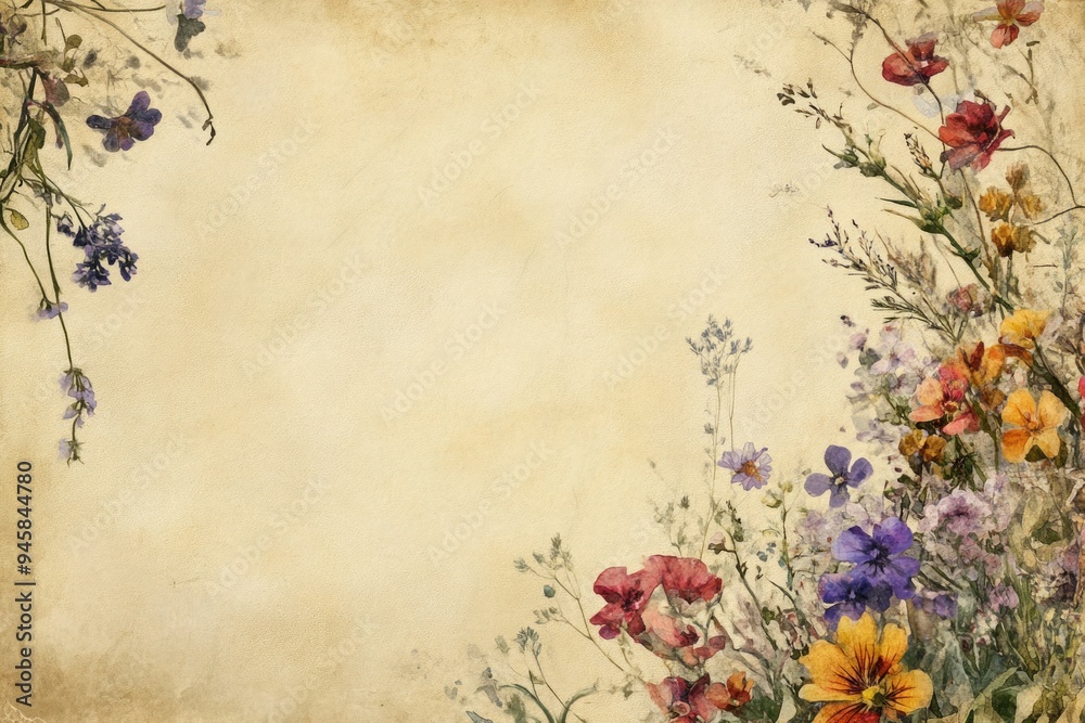 Various flowers and plants on white or off-white and old white paper background, Flowers around the page with space for writing in the middle Various flowers and plants on white or off-white and old white paper background, Flowers around the page with space for writing in the middle