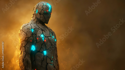 Stone Figure with Glowing Lights: A Digital Artwork Exploration photo