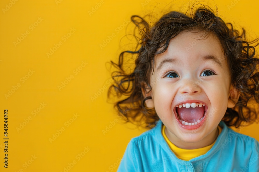 A cheerful young child with curly hair beams with excitement, showcasing pure joy against a bold yellow backdrop. Generative AI A cheerful young child with curly hair beams with excitement, showcasing pure joy against a bold yellow backdrop. Generative AI