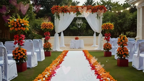 traditional wedding decorations in the garden. Seamless looping 4k video animation