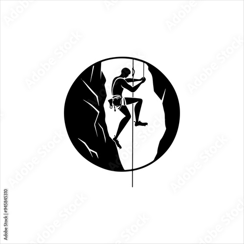 Climber logo emblem vector illustration adventure expedition with mountaineer man silhouette