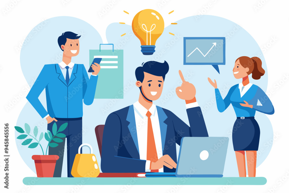 Communicate idea, advice or solution, good communication skill for business success, brainstorm or discuss in meeting concept, smart businessman talk to colleague on phone line with lightbulb symbol.
Communicate idea, advice or solution, good communication skill for business success, brainstorm or discuss in meeting concept, smart businessman talk to colleague on phone line with lightbulb symbol.