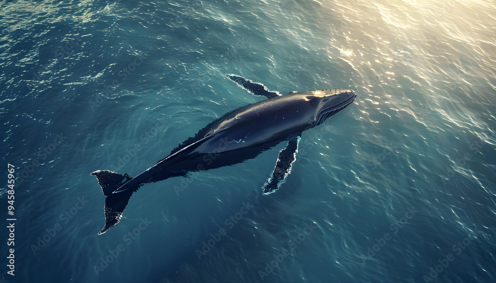 Fototapeta premium Whale in the Ocean. Up View of a Big Whale in the Oceans. Whale Swimming in the Ocean 