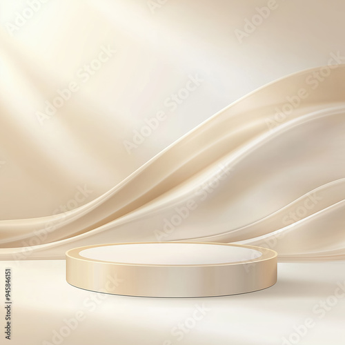 Empty golden round product display podium on a soft wavy background with light rays