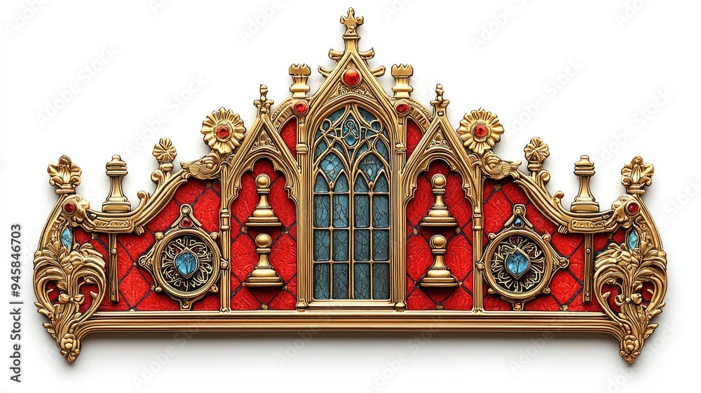 Ornate Gold and Red Architectural Detail with Stained Glass Window Ornate Gold and Red Architectural Detail with Stained Glass Window
