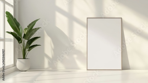 A bright and airy minimalist room featuring a blank canvas, a potted plant, and sunlight streaming through the window, creating a clean and inviting atmosphere. The image symbolizes simplicity, tranqu