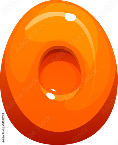 Cartoon number zero as an orange glossy candy, confectionery alphabet, sweets typeface, lollypop font, type. Isolated vector typography 0 symbol, cute digit for mathematics and arithmetic learning