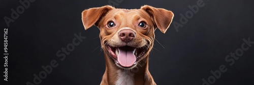 A brown dog with a white chest is smiling and has its tongue sticking out. It is looking directly at the camera. The dog is against a black background. The image conveys happiness, joy, and playfulnes photo