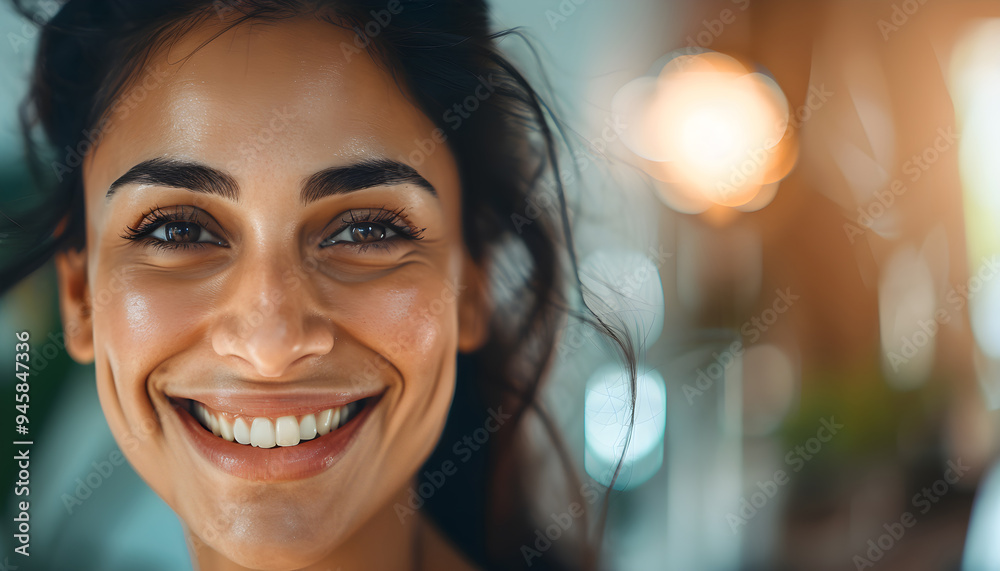 Portrait smiling woman looking at the camera ta home Portrait smiling woman looking at the camera ta home