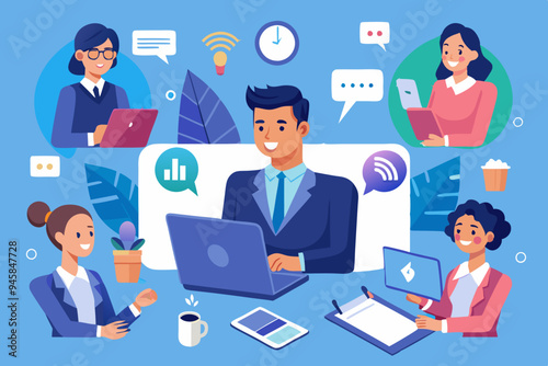 Vendor, third party or outsourcing, work with client or colleagues virtually, contractors or supplier, provider or partner concept, business people work virtually together collaborate for success. 
