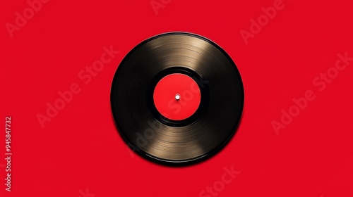 A classic black vinyl record with a red label sits against a vibrant red background. This image evokes feelings of nostalgia, music, and the past.