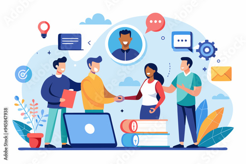 Vendor, third party or outsourcing, work with client or colleagues virtually, contractors or supplier, provider or partner concept, business people work virtually together collaborate for success. 
