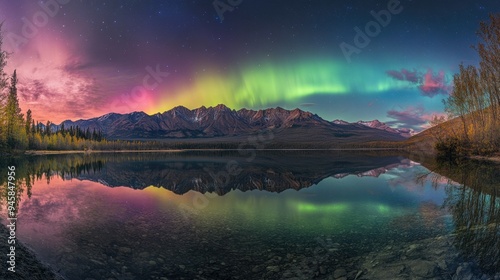 A mesmerizing panorama of the aurora borealis lighting up the night sky and reflecting in a peaceful mountain lake.