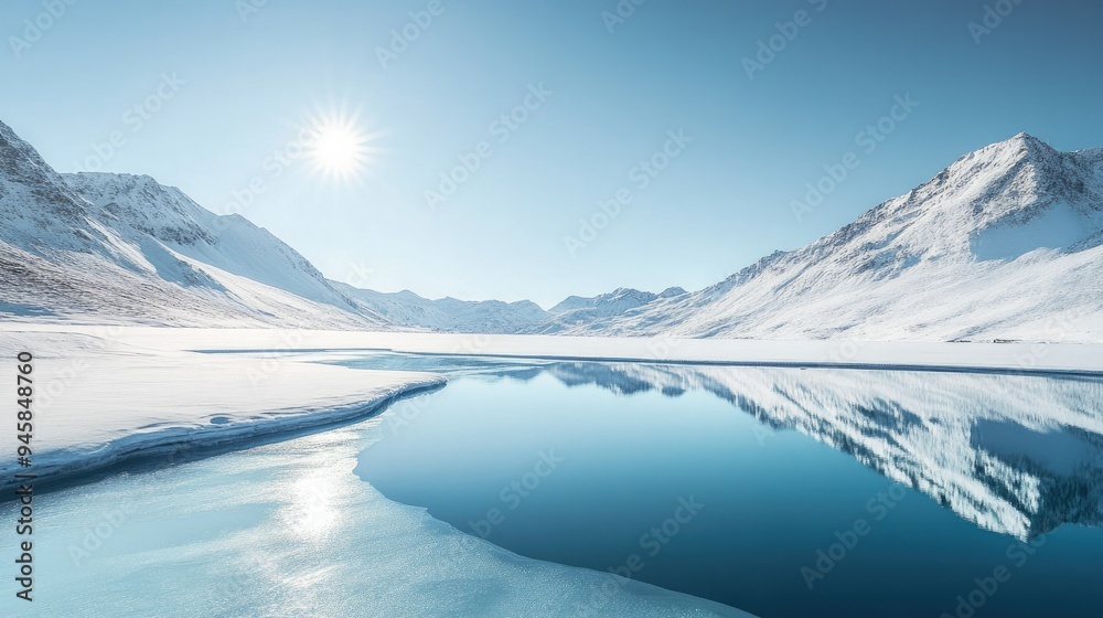 A pristine snow-covered mountain landscape with a frozen lake reflecting the clear sky. A pristine snow-covered mountain landscape with a frozen lake reflecting the clear sky.