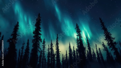 A silhouette of pine trees against the backdrop of a vivid aurora, casting an ethereal glow on the forest.