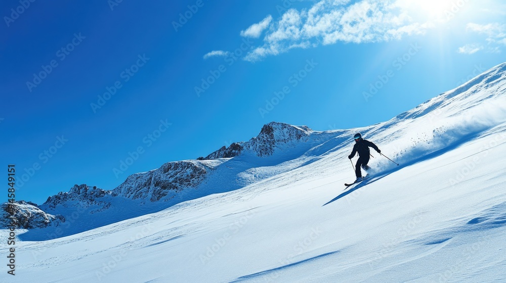 A skier making their way down a snow-covered mountain slope with a clear sky above. A skier making their way down a snow-covered mountain slope with a clear sky above.