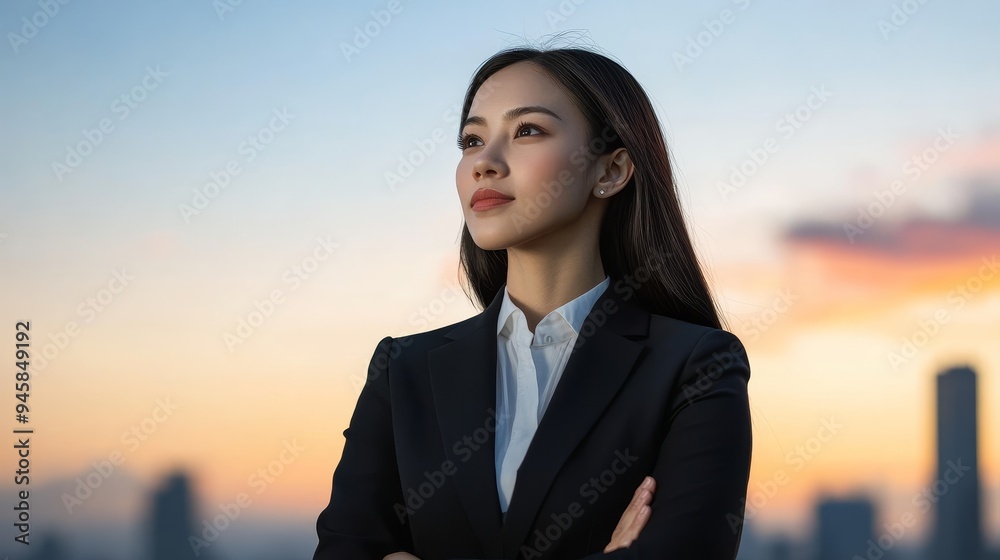 A confident businesswoman stands with her arms crossed, gazing towards a cityscape silhouetted against a vibrant sunset sky. The image symbolizes ambition, success, leadership, and the pursuit of drea A confident businesswoman stands with her arms crossed, gazing towards a cityscape silhouetted against a vibrant sunset sky. The image symbolizes ambition, success, leadership, and the pursuit of drea