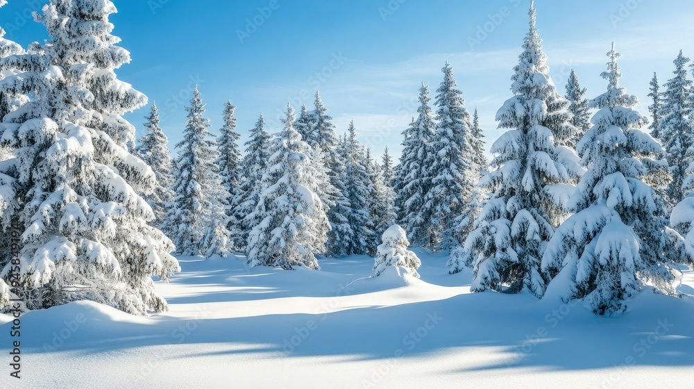A snow-covered forest with tall pine trees, their branches heavy with fresh snowfall under a clear blue sky. A snow-covered forest with tall pine trees, their branches heavy with fresh snowfall under a clear blue sky.