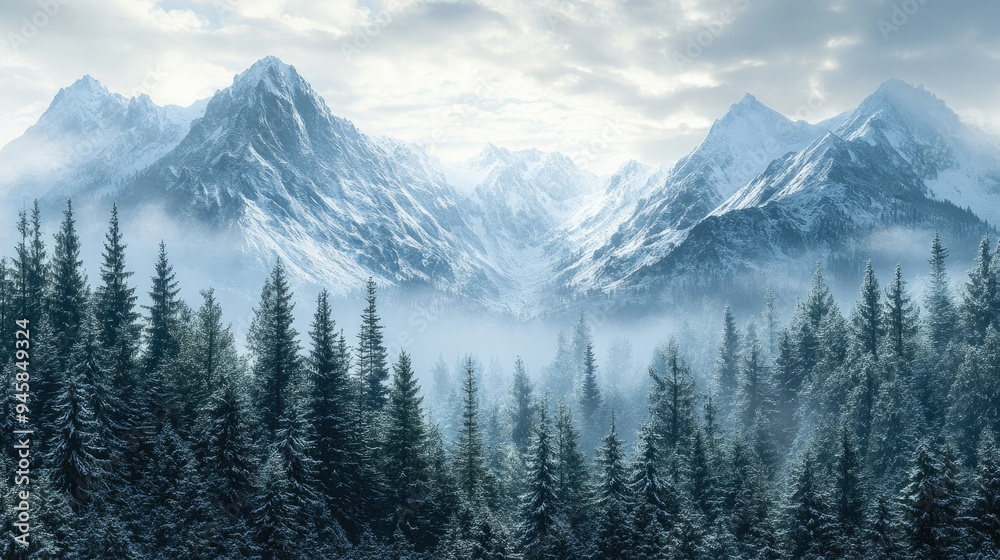 A stunning panorama of snow-covered mountains with a dense pine forest in the foreground. A stunning panorama of snow-covered mountains with a dense pine forest in the foreground.