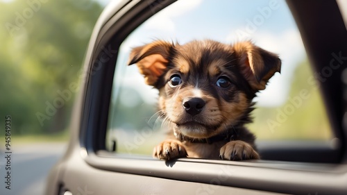 content puppy having fun with its head out the car window photo