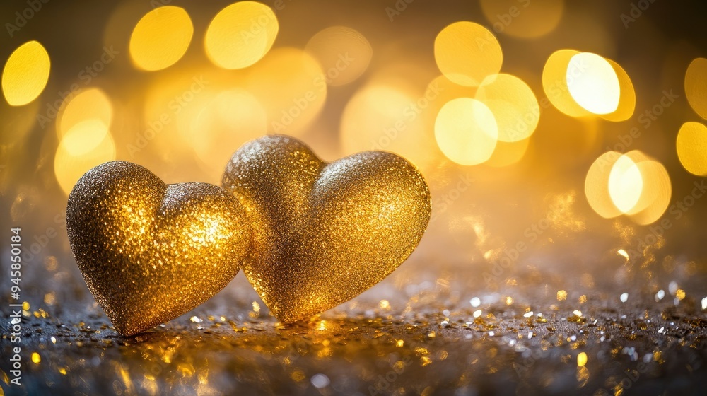 Golden heart duo with radiant light and elegant decor, creating a warm and loving atmosphere for Valentine's Day. Golden heart duo with radiant light and elegant decor, creating a warm and loving atmosphere for Valentine's Day.