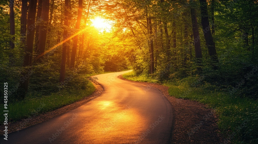 Golden sunrise over a winding road through the forest, evoking the beauty of nature. Golden sunrise over a winding road through the forest, evoking the beauty of nature.