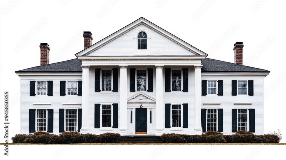 A classic white mansion with columns and a symmetrical facade. A classic white mansion with columns and a symmetrical facade.
