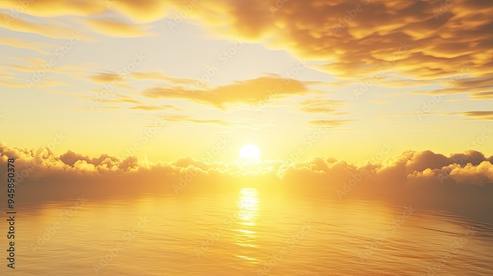 Obraz premium Golden sunset over the horizon, with soft clouds and warm light, creating a peaceful background.