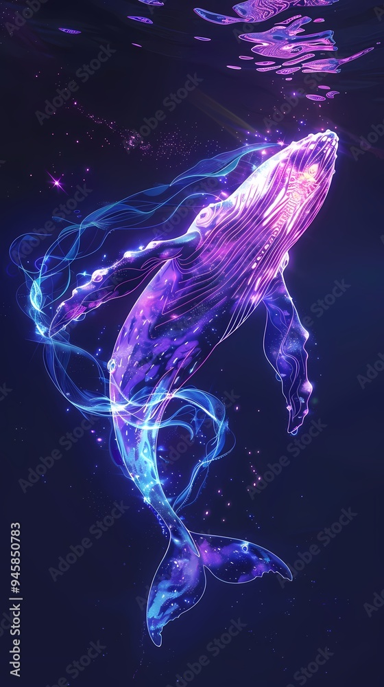Neon whale sketch line illustration poster background