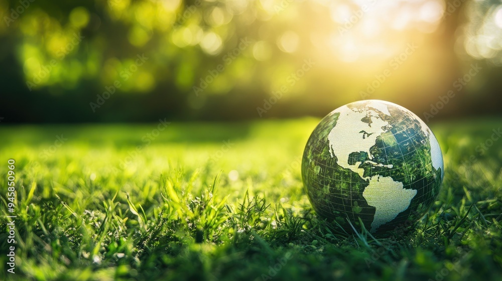 Green globe of foliage against a lush grassy background, representing environmental sustainability. Green globe of foliage against a lush grassy background, representing environmental sustainability.