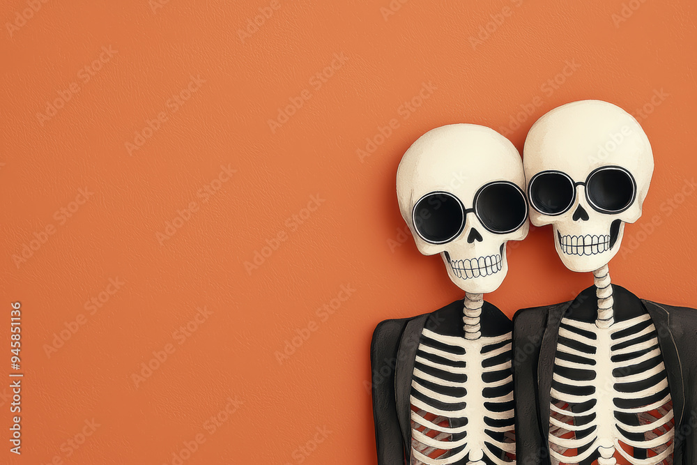 Two playful skeletons in sunglasses pose against a vibrant orange background. Perfect for Halloween-themed projects.