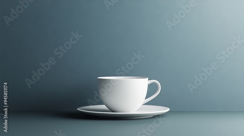 A white cup and saucer sit on a table