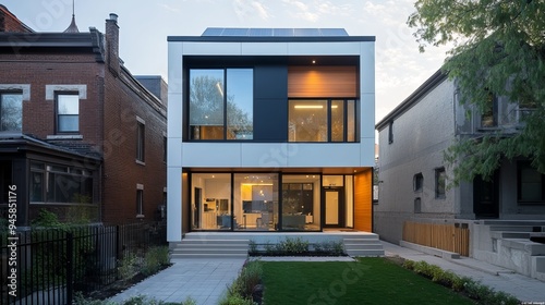 New suburban home with solar panels. Modern sustainable living.