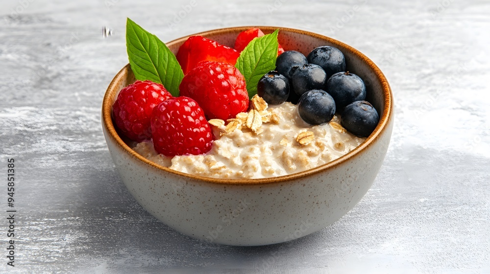 A bowl of cereal with strawberries and raspberries on top