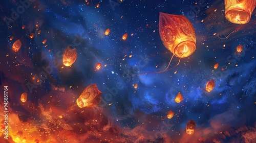 Floating lanterns in the evening sky during a festival.