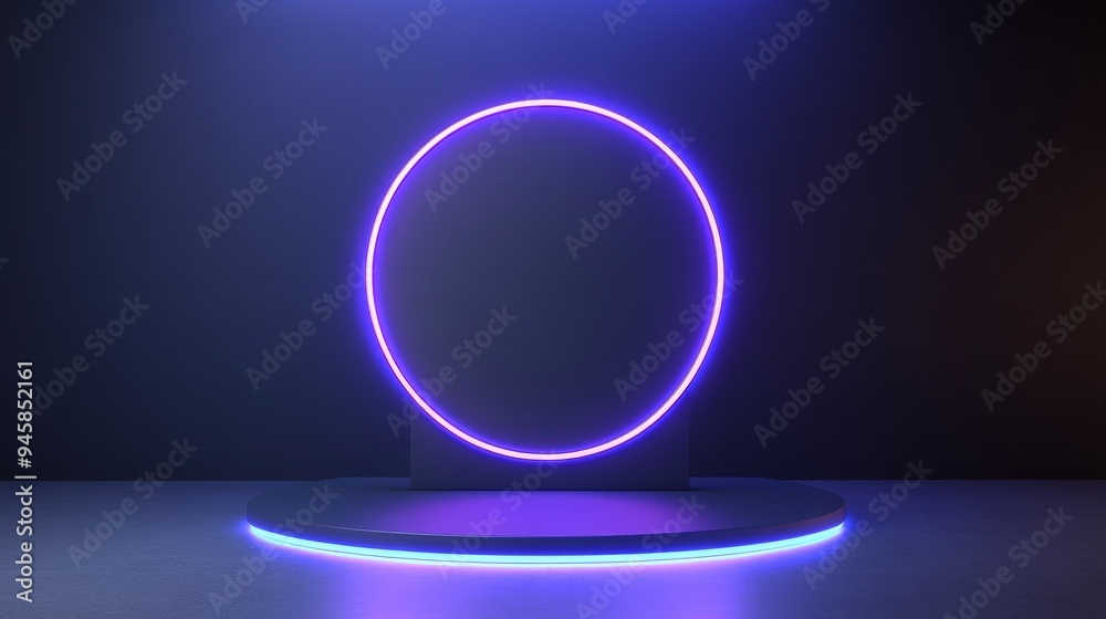 A minimalist 3D  featuring a circular platform with a glowing neon purple outline, illuminated by blue and purple lights.  The platform evokes a sense of futuristic technology, product showcase, and b