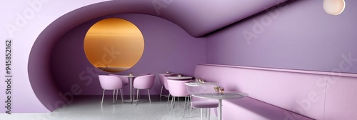 A minimalist and modern restaurant interior with purple walls and organic shapes. The curved ceiling creates a sense of intimacy and warmth, while the large round window adds a touch of light and airi photo