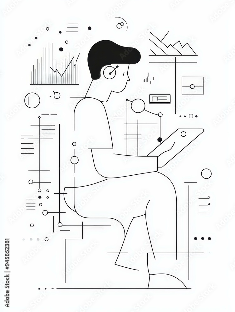 A minimalist line art illustration depicting a data analyst working with charts and graphs, symbolizing data analysis, data visualization, business intelligence, technology, and digital world. A minimalist line art illustration depicting a data analyst working with charts and graphs, symbolizing data analysis, data visualization, business intelligence, technology, and digital world.