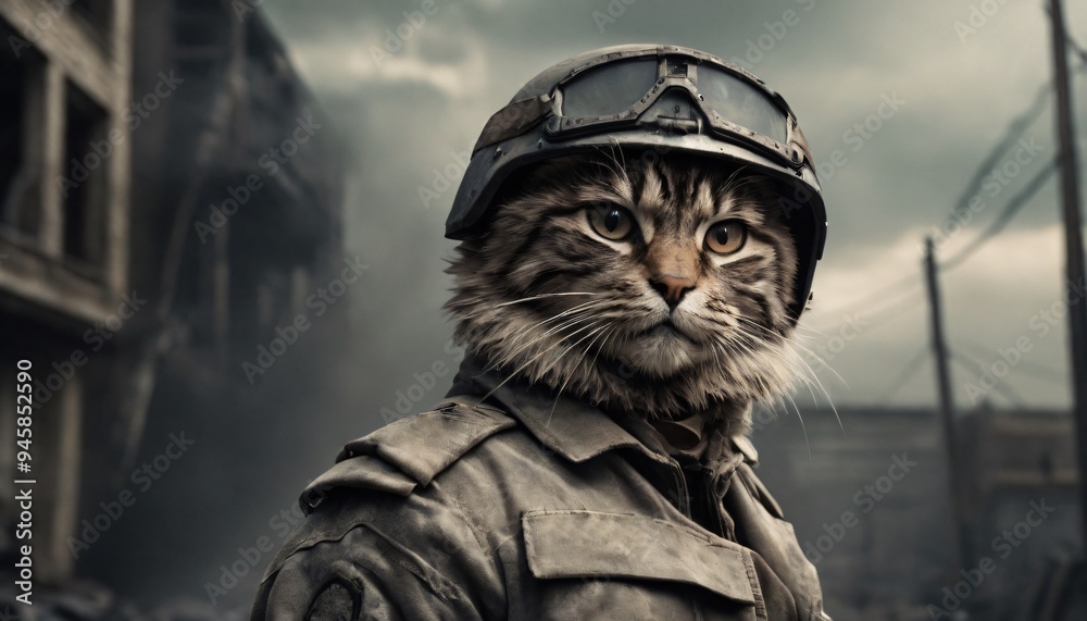 Fototapeta premium cat in a military uniform standing in a war zone, wearing a helmet and a jacket