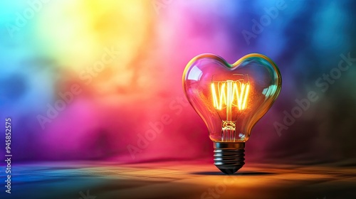 Heart-shaped light bulb glowing on a vibrant rainbow background, with ample copy space for a Valentine's Day message.