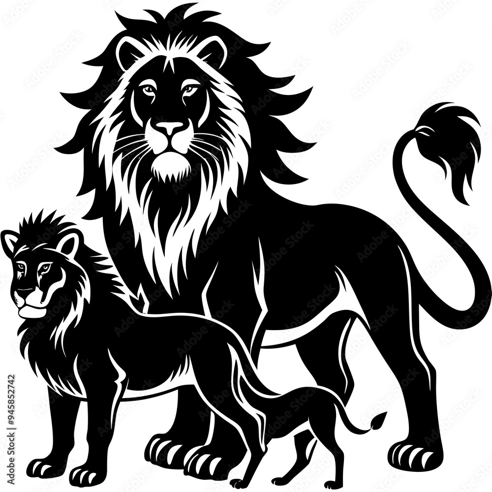 Obraz premium Group of Lion Silhouette isolated on white background Minimalist lion vector shape icon