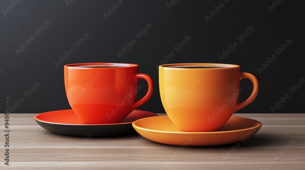 Two orange coffee cups on a wooden table Two orange coffee cups on a wooden table