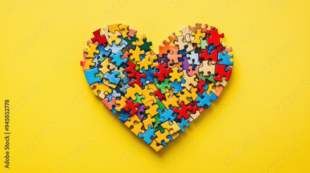 Heart-shaped puzzle with colorful pieces, set against a cheerful yellow background. Heart-shaped puzzle with colorful pieces, set against a cheerful yellow background.