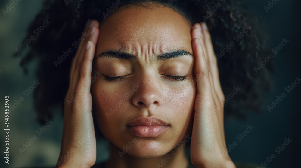 Fototapeta premium The woman is expressing feelings of stress and anxiety with her hands on her head and eyes closed, reflecting a moment of emotional overwhelm. Generative AI
